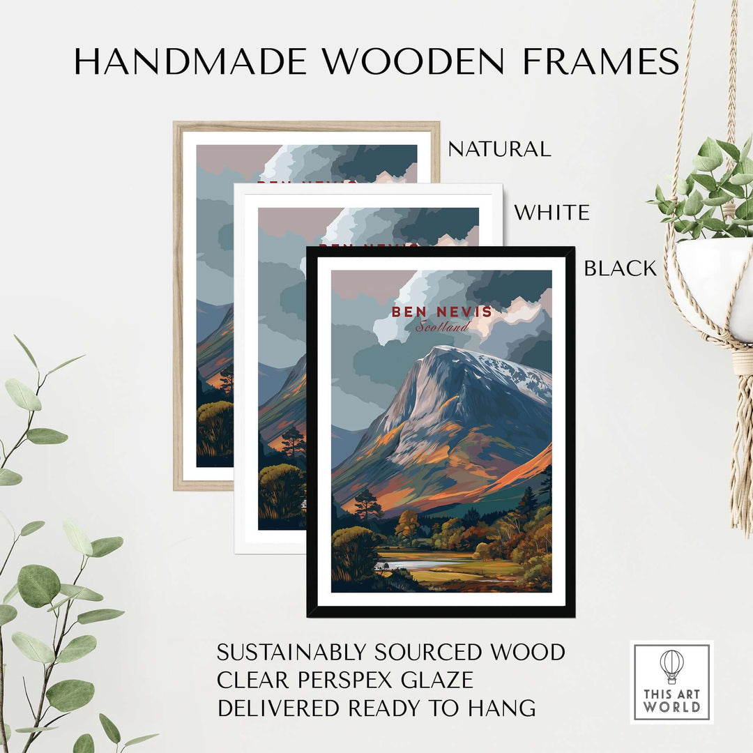 Handmade wooden frames in natural, white, and black for Ben Nevis mountain poster, sustainably sourced and ready to hang.