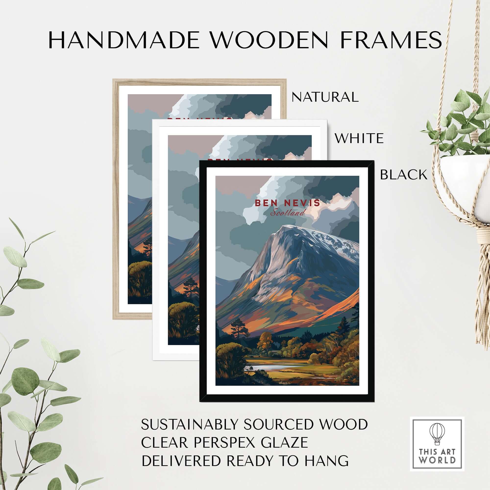 Ben Nevis Scotland Snow-Capped Mountain Poster - Dramatic Highland Wall Art in handmade wooden frames.