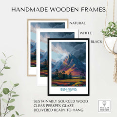 Ben Nevis Wall Art Scotland Moody Skies - Scottish Highlands Travel Poster in handmade wooden frames