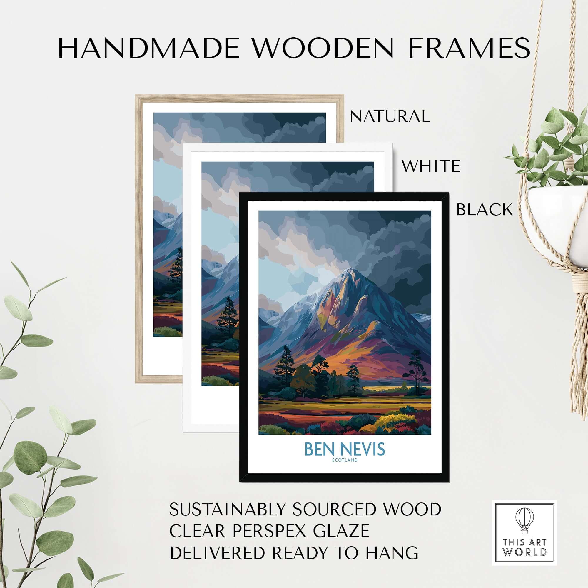 Ben Nevis Wall Art Scotland Moody Skies - Scottish Highlands Travel Poster in handmade wooden frames