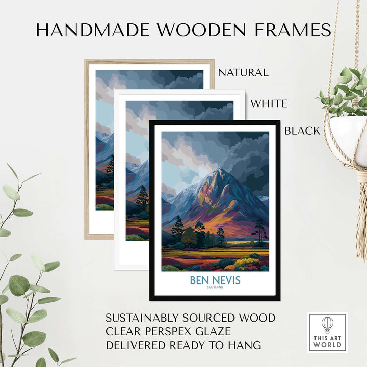 Handmade wooden frames in natural, white, and black for Ben Nevis wall art, made from sustainable wood.