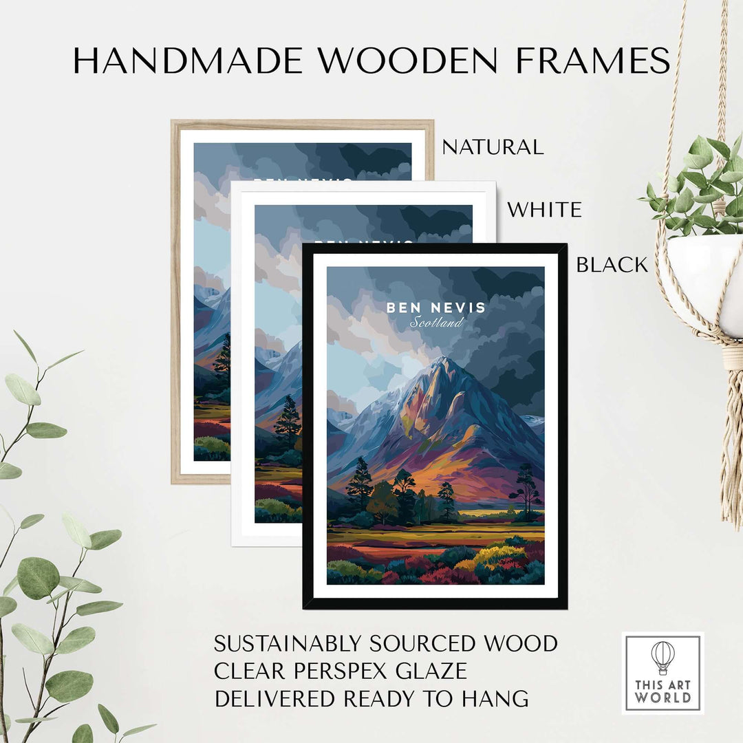 Handmade wooden frames in natural, white, and black for Ben Nevis art print, featuring sustainable materials and ready to hang.