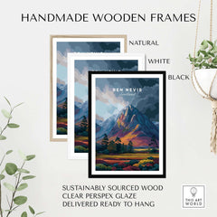 Ben Nevis Art Illustration Print Scotland Vibrant Dusk Mountain - Colorful Landscape Poster in handmade frames.