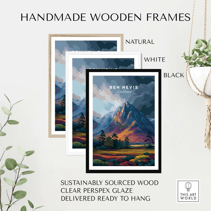 Handmade wooden frames in natural, white, and black for Ben Nevis art print, featuring sustainable materials and ready to hang.