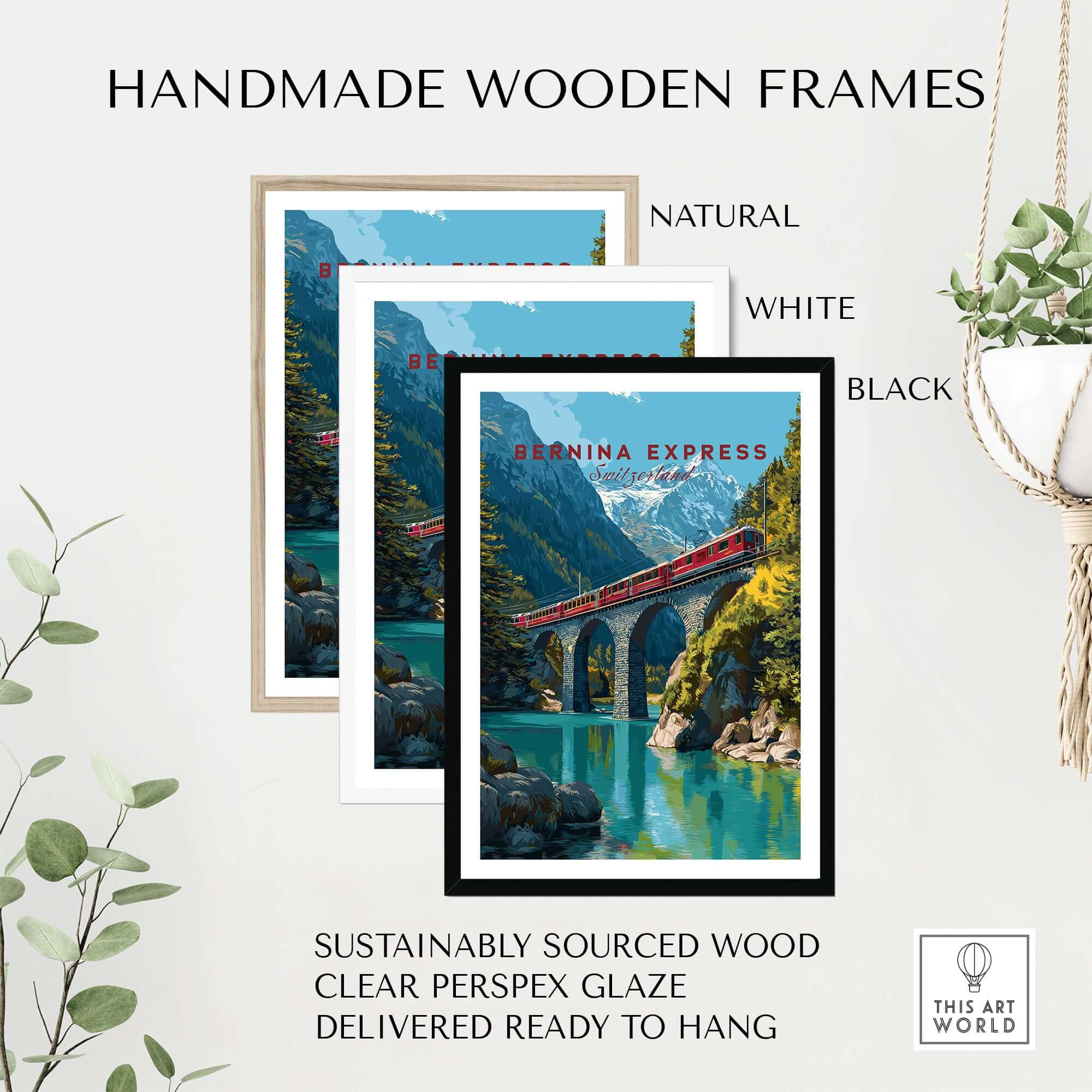 Bernina Express Print | Swiss Alps Wall Decor in handmade wooden frames, available in natural, white, and black.