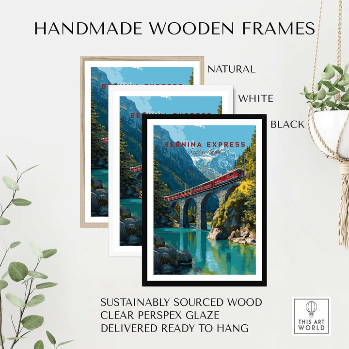 Bernina Express Print | Swiss Alps Wall Decor in handmade wooden frames in natural, white, and black finishes.