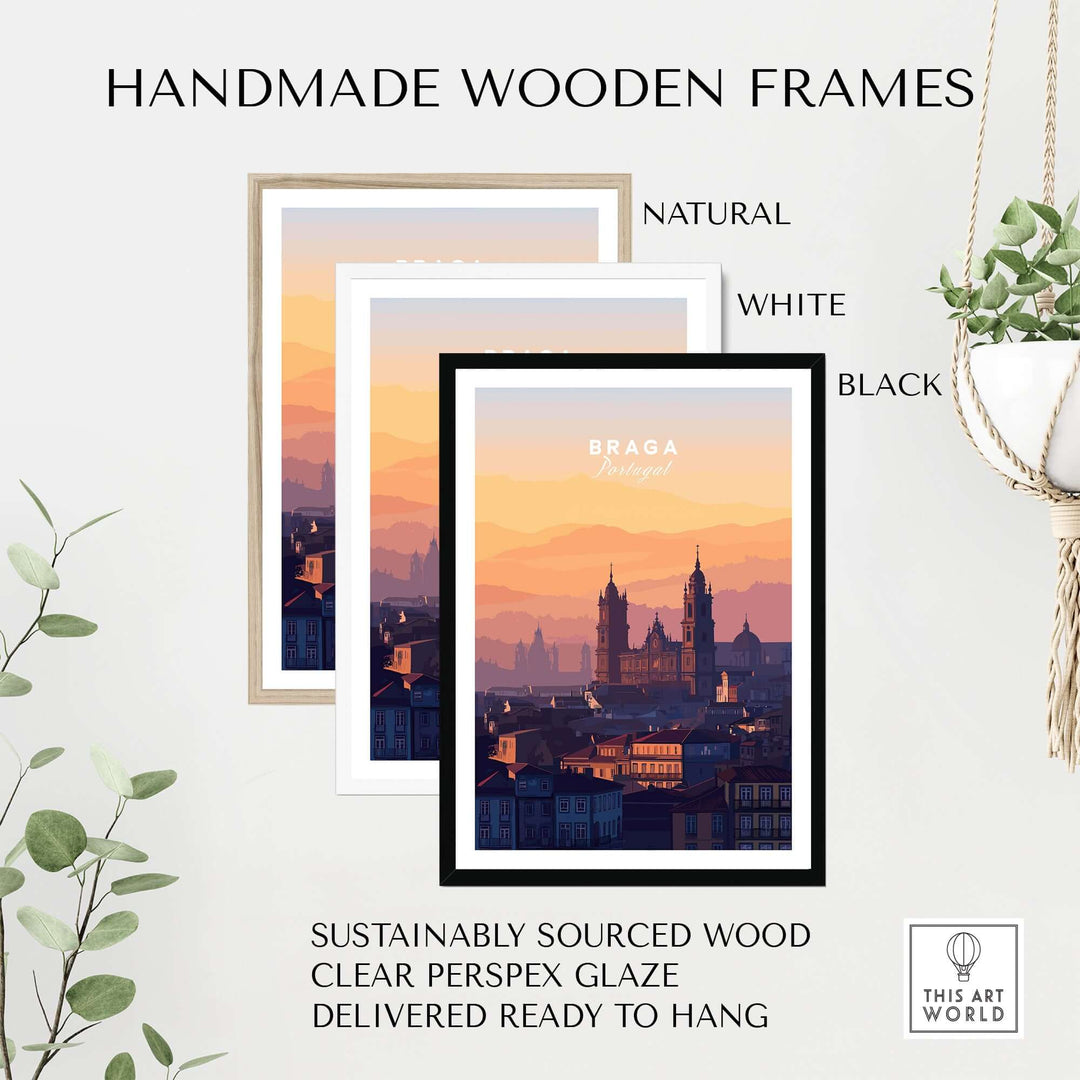Handmade wooden frames in natural, white, and black colors for Braga Cathedral Rooftops View Print | Portuguese City Wall Decor.