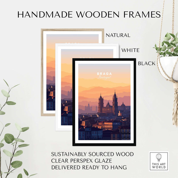 Handmade wooden frames in natural, white, and black colors for Braga Cathedral Rooftops View Print | Portuguese City Wall Decor.