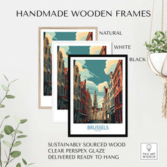 Brussels Belgium Gothic Architecture Print - Belgium Travel Poster framed in natural, white, and black handmade wooden frames.