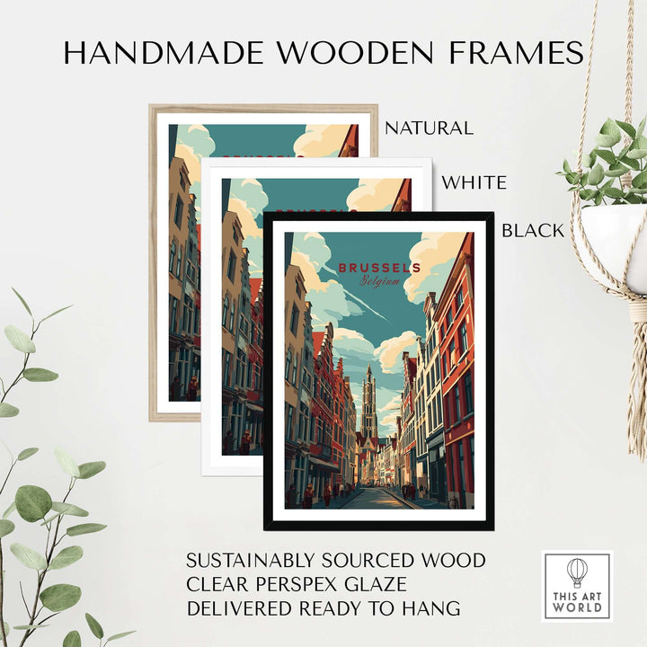 Handmade wooden frames in natural, white, and black styles for artwork, featuring sustainable materials and clear glaze.