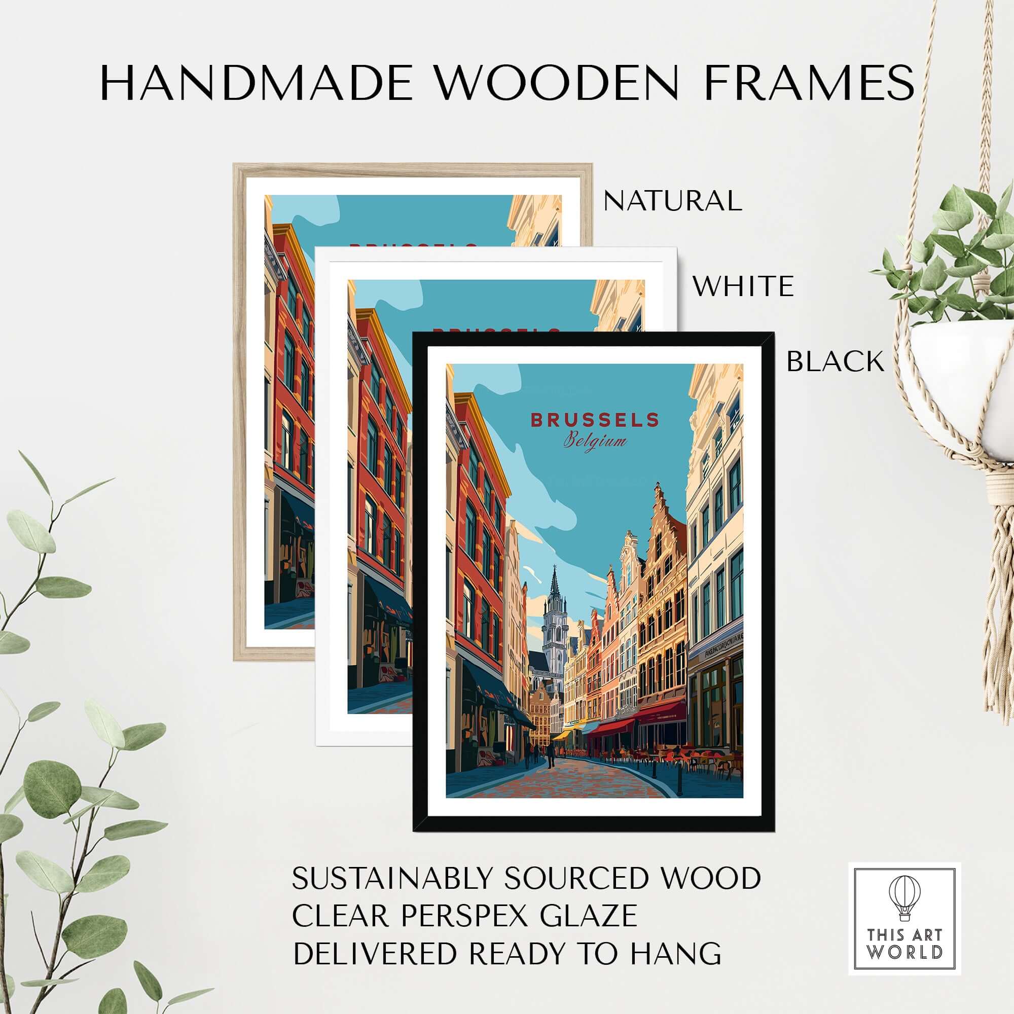 Brussels Print Belgium - Old Town Europe Poster in handmade wooden frames, showcasing natural, white, and black finishes.