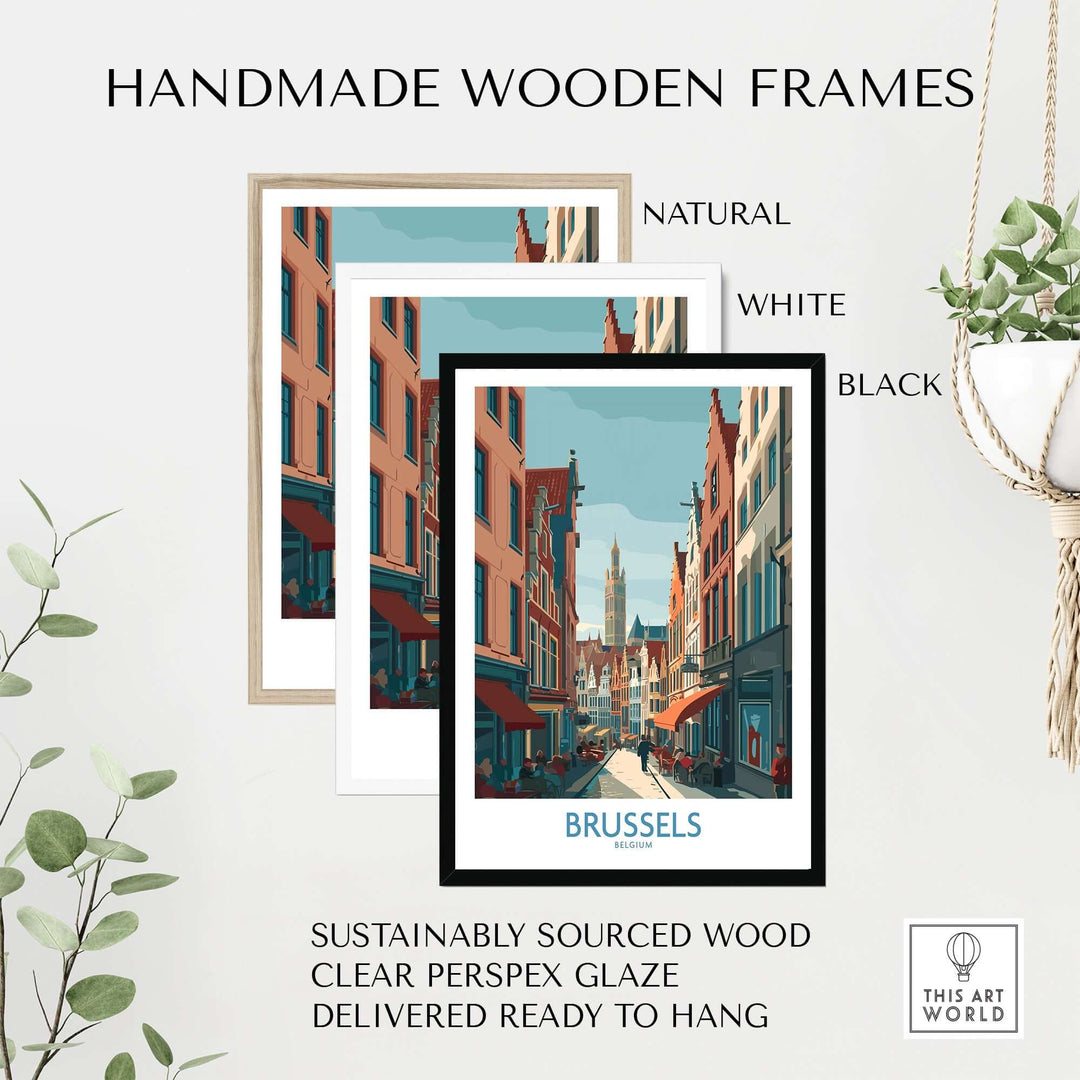 Handmade wooden frames in natural, white, and black with a Brussels wall art print, ready to hang and made from sustainably sourced wood.
