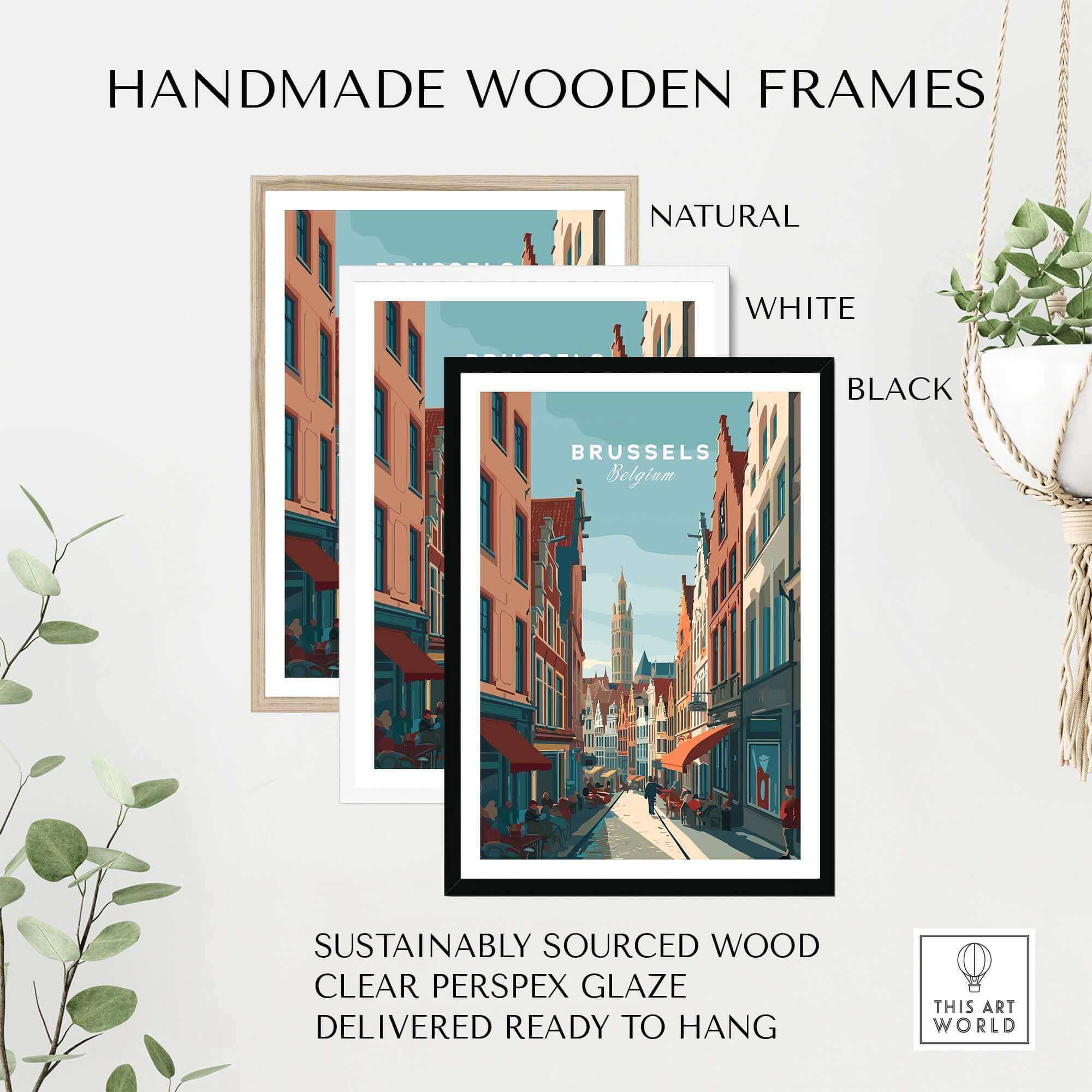 Brussels Belgium Art Print - Grand Place Poster displayed in handmade wooden frames, showcasing natural, white, and black options.