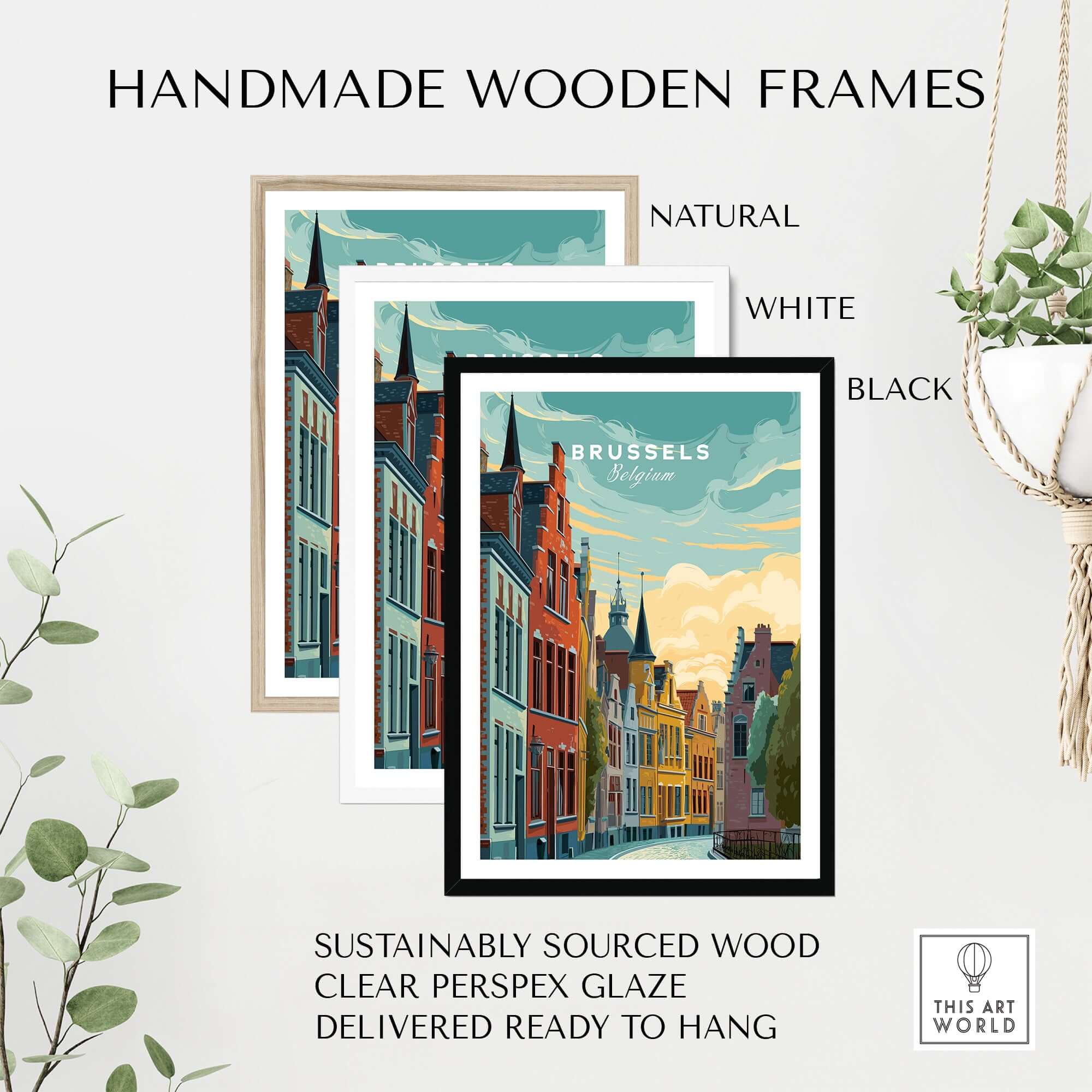 Brussels Belgium Historic Houses Sunset Poster - Iconic European Architecture Print displayed in handmade wooden frames