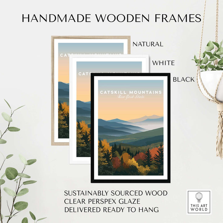 Handmade wooden frames in natural, white, and black for Catskill Mountains autumn artwork, ready to hang.