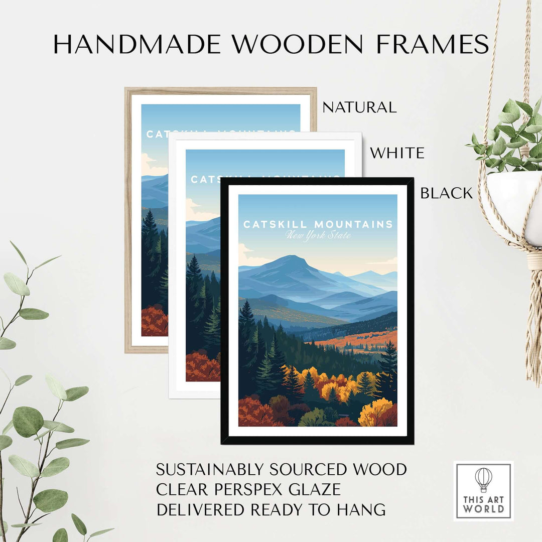 Handmade wooden frames in natural, white, and black for Catskill Mountains Wall Art, made from sustainably sourced wood.