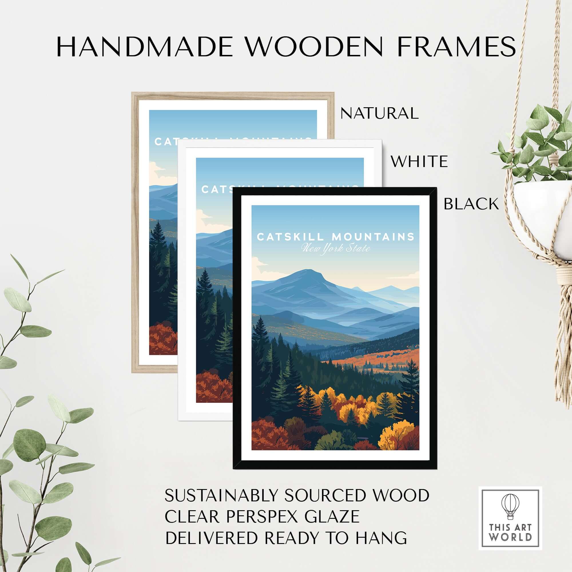 Handmade wooden frames showcasing the Catskill Mountains New York Layered Hills Print - Mountain Range Wall Art.