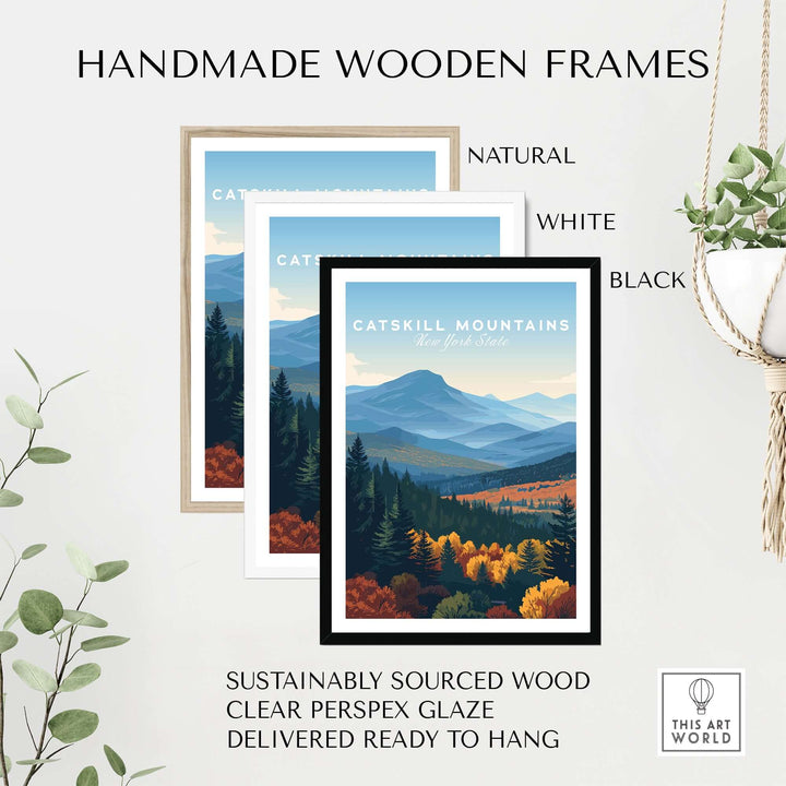 Handmade wooden frames in natural, white, and black for Catskill Mountains Wall Art, made from sustainably sourced wood.