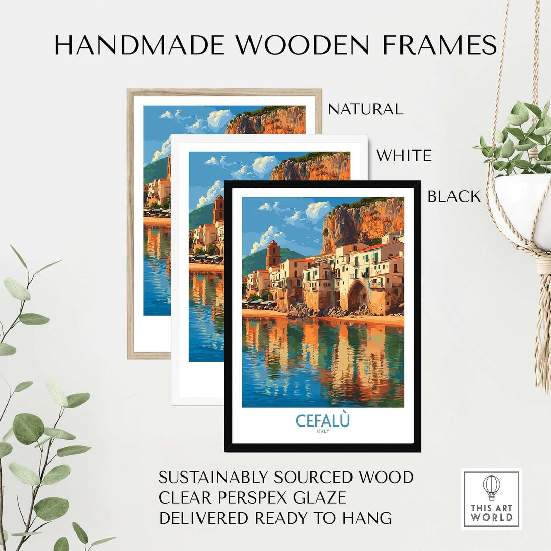 Handmade wooden frames for Cefalù Italy print in natural, white, and black finishes with clear glaze.