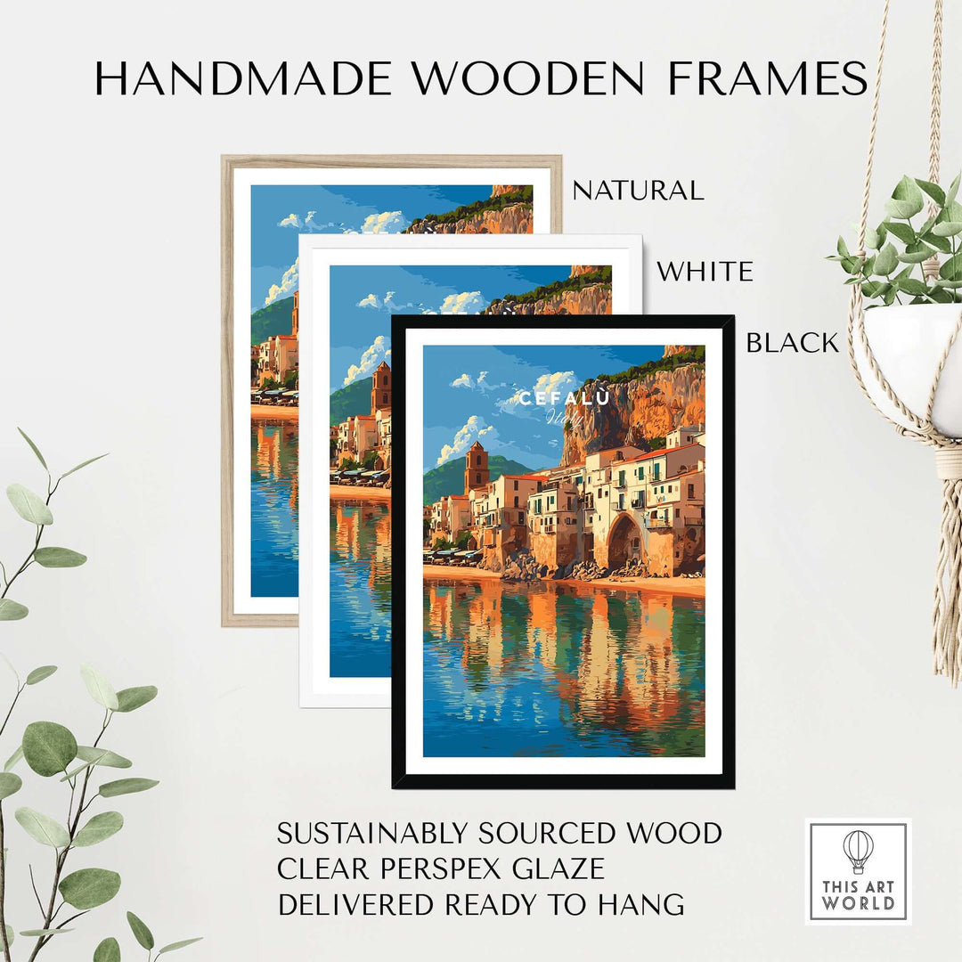 Cefalù Italy travel print displayed in handmade wooden frames in natural, white, and black finishes