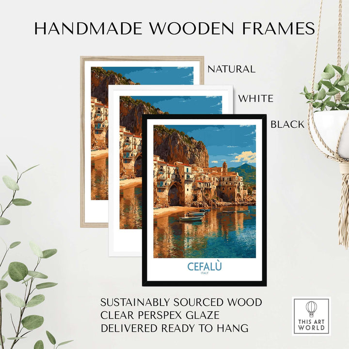Handmade wooden frames in natural, white, and black for Cefalù wall art, featuring sustainably sourced wood and clear glaze.