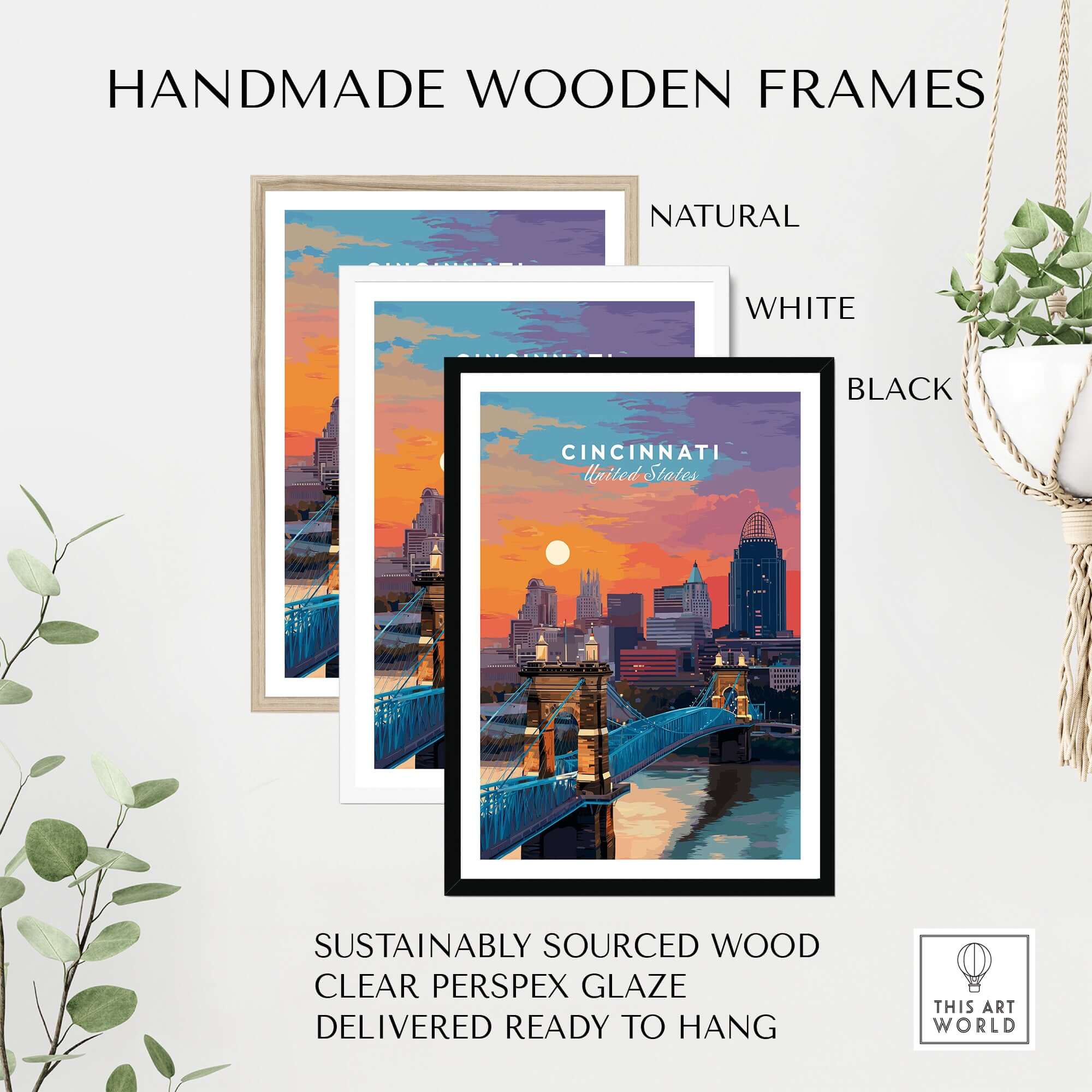 Cincinnati Ohio Sunset Skyline Poster - Roebling Bridge Wall Art in handmade wooden frames