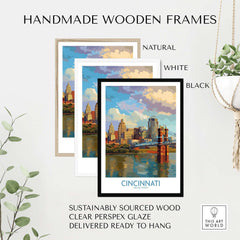 Cincinnati Riverfront Cityscape Poster - Ohio Wall Art in handmade wooden frames natural white black