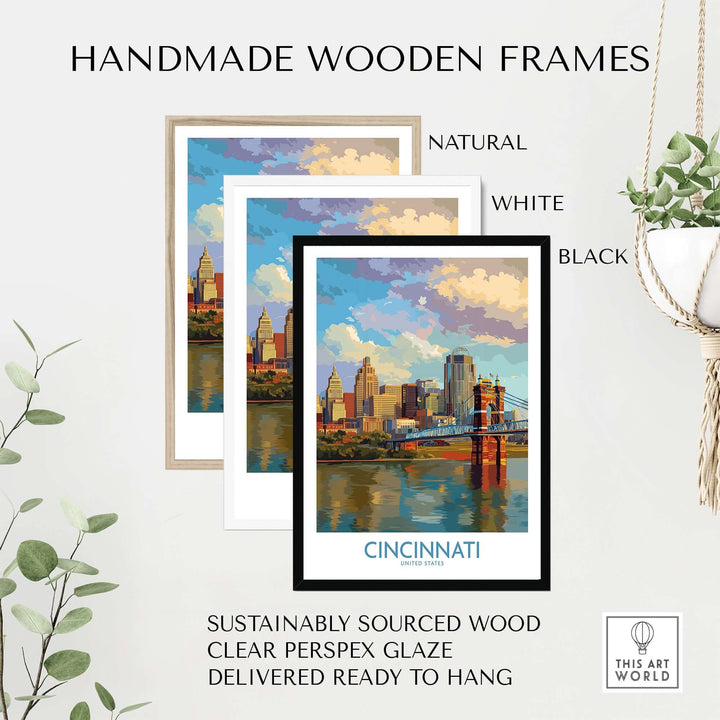 Handmade wooden frames for Cincinnati Riverfront Cityscape Poster in natural, white, and black finishes.