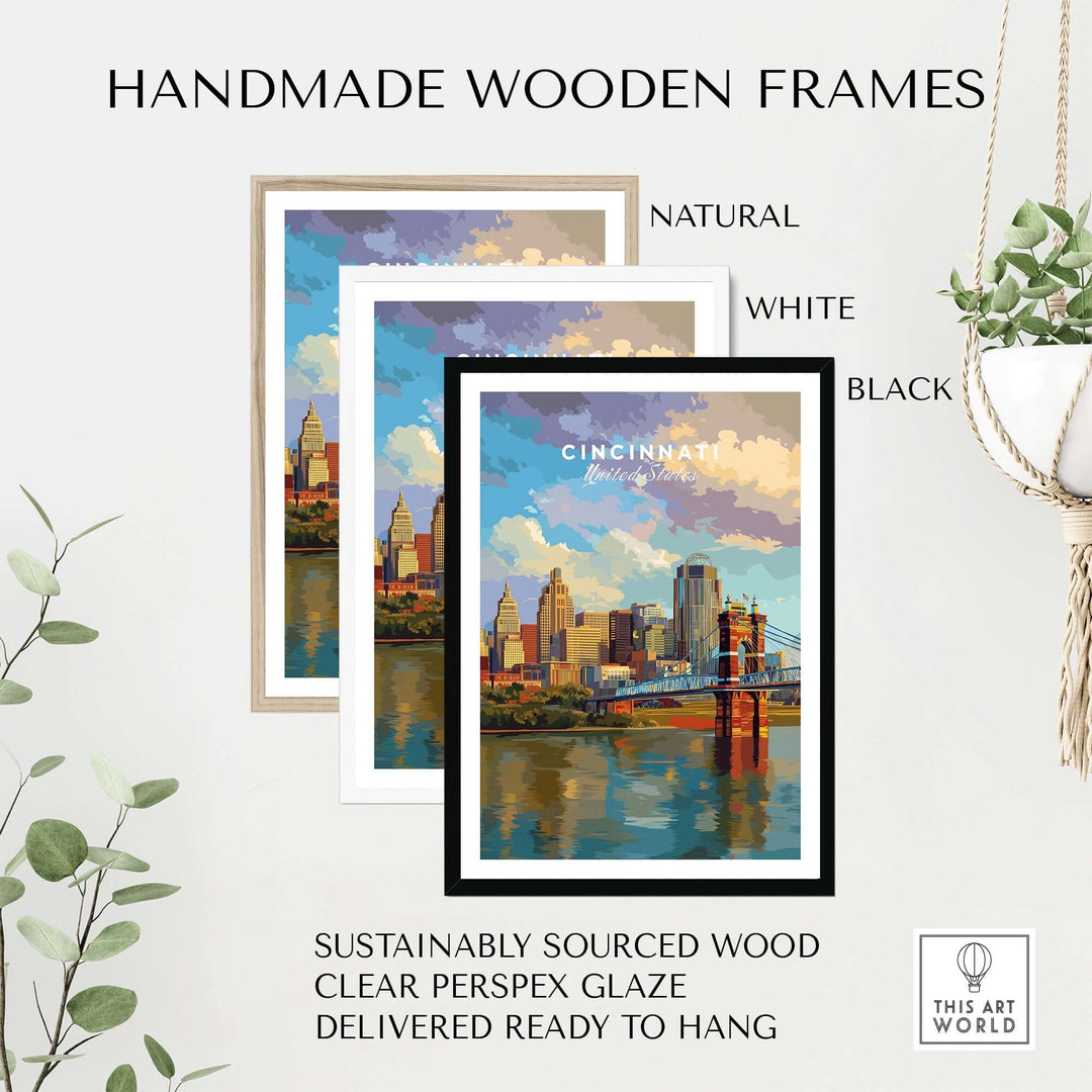 Handmade wooden frames in natural, white, and black for Cincinnati Ohio Skyline print with Roebling Bridge.