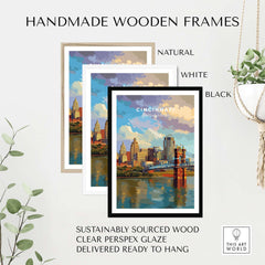 Cincinnati Ohio Skyline Print - Roebling Bridge Wall Art framed in natural, white, and black handmade wooden frames.