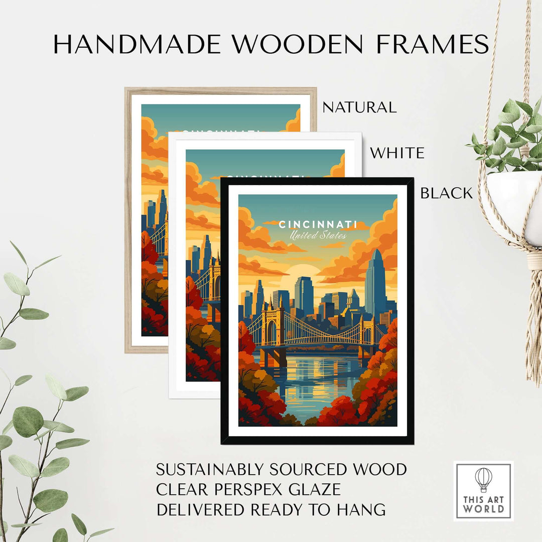 Handmade wooden frames in natural, white, and black finishes showcasing Cincinnati poster art.