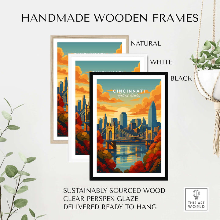 Handmade wooden frames in natural, white, and black finishes showcasing Cincinnati poster art.