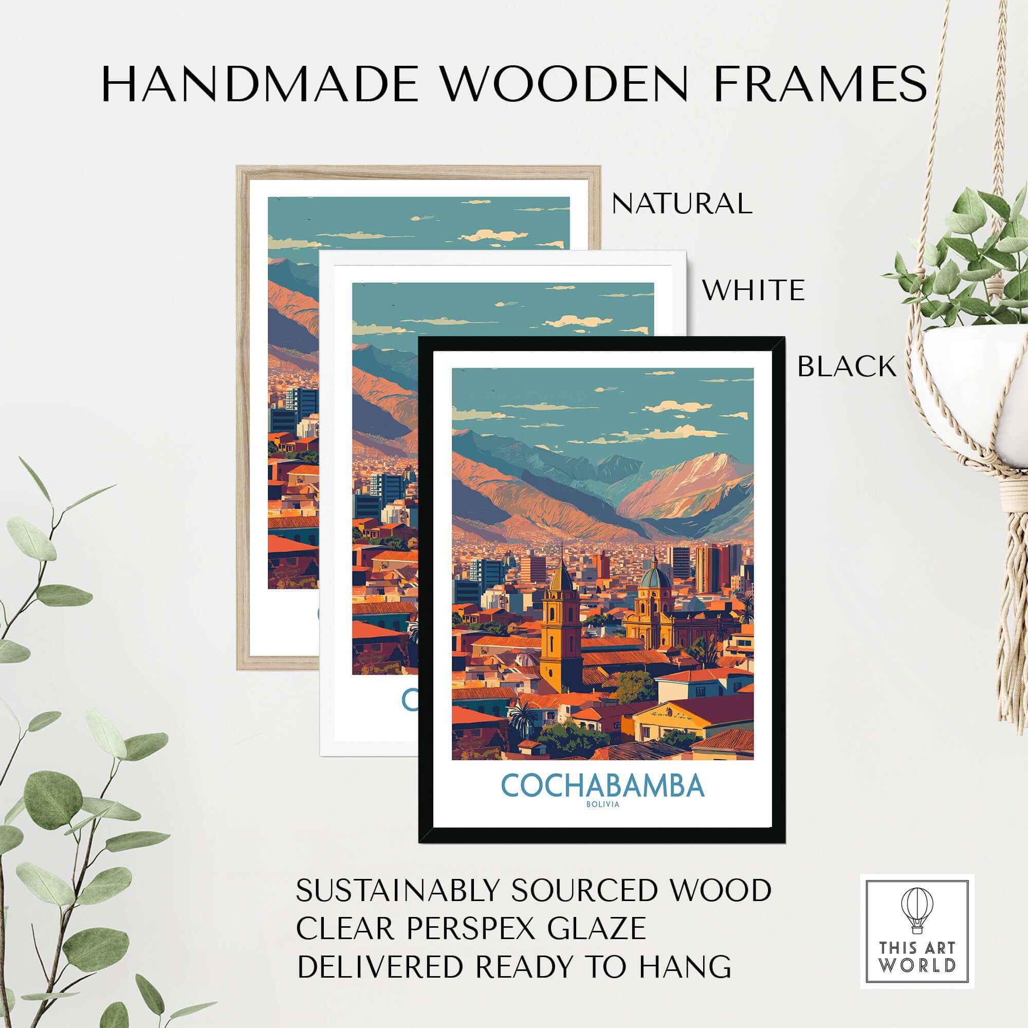 Cochabamba Bolivia Downtown Bolivia Wall Art - City & Mountain View Print showcased in handmade wooden frames