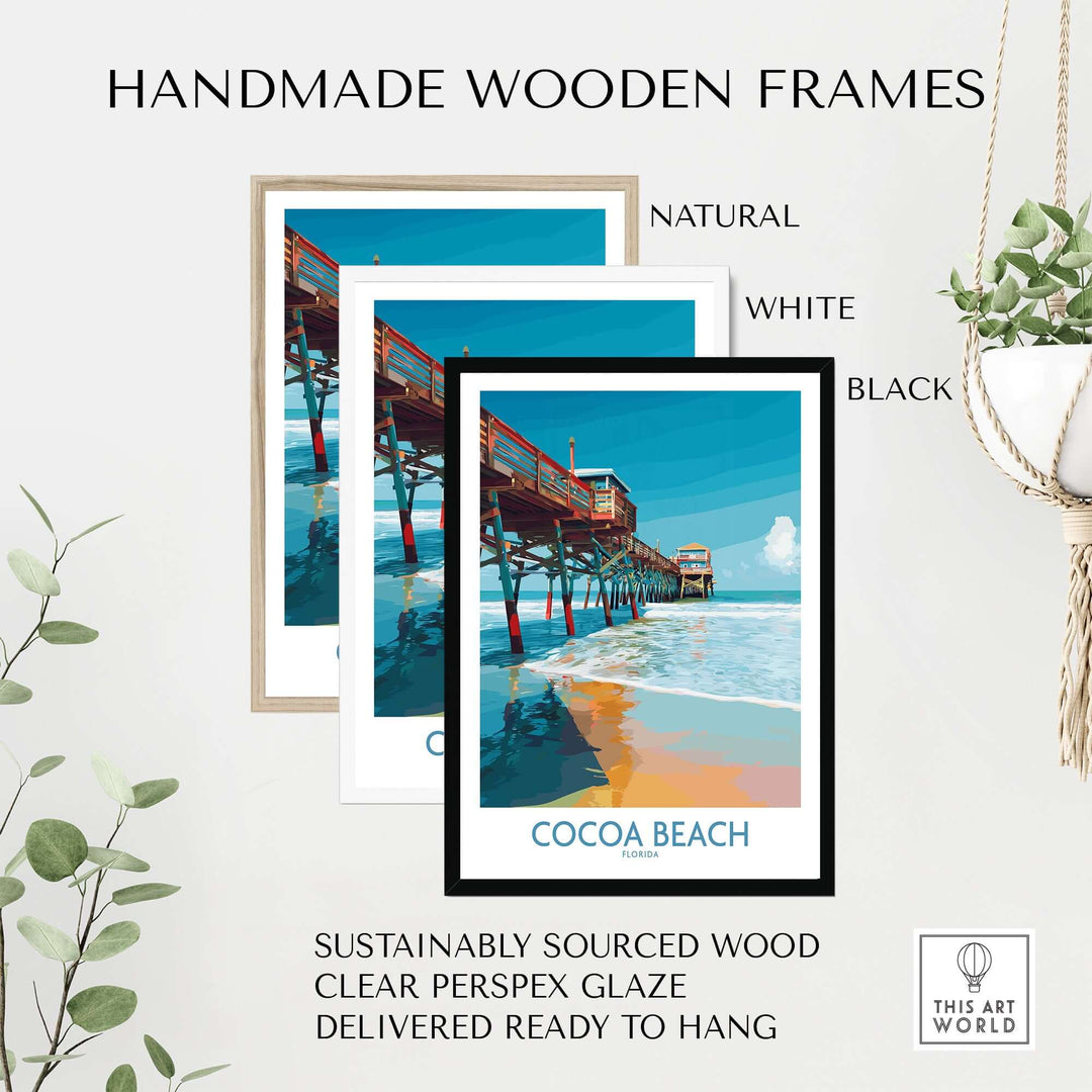 Cocoa Beach Pier poster in handmade wooden frames; natural, white, and black options for unique decor.