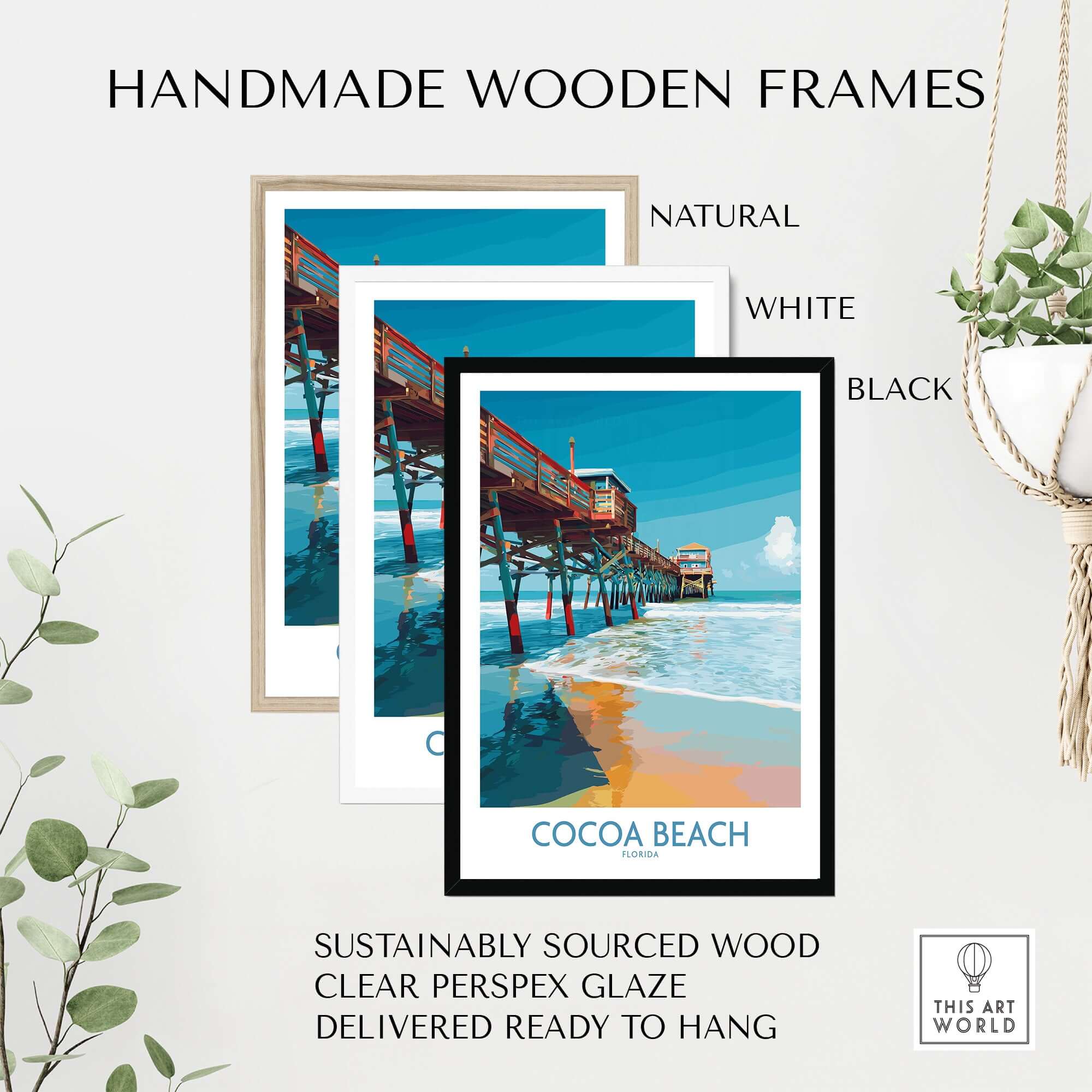 Handmade wooden frames showcasing Cocoa Beach Pier Poster - Florida Beach Travel Decor with clear Perspex glaze.