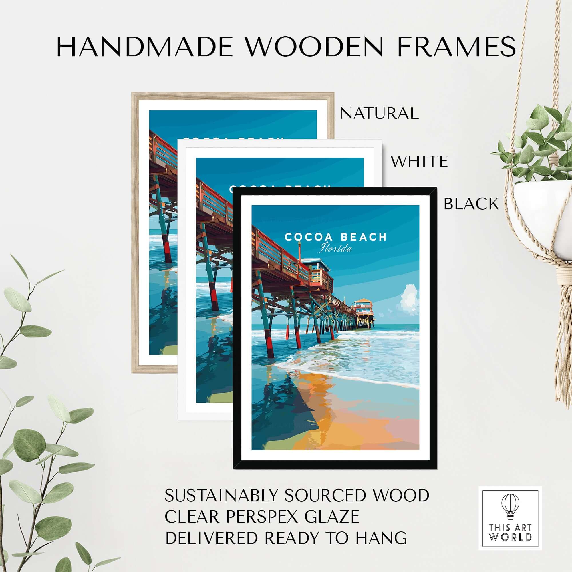 Cocoa Beach Florida Pier Print - Coastal Florida Wall Art in handmade wooden frames, featuring natural, white, and black options.