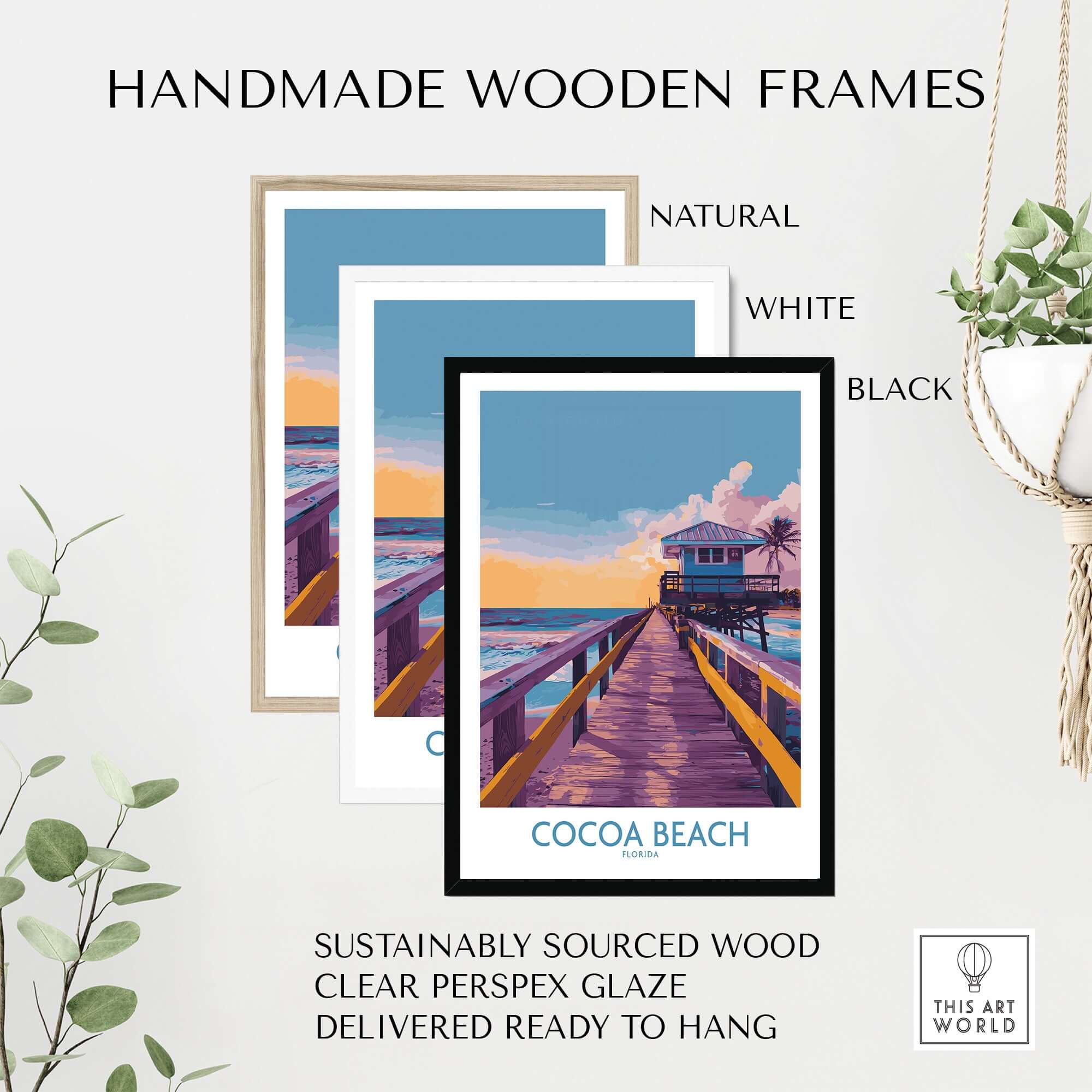 Cocoa Beach Florida Wooden Pier Poster - Golden Hour Sunset Decor with handmade wooden frames in natural, white, and black.