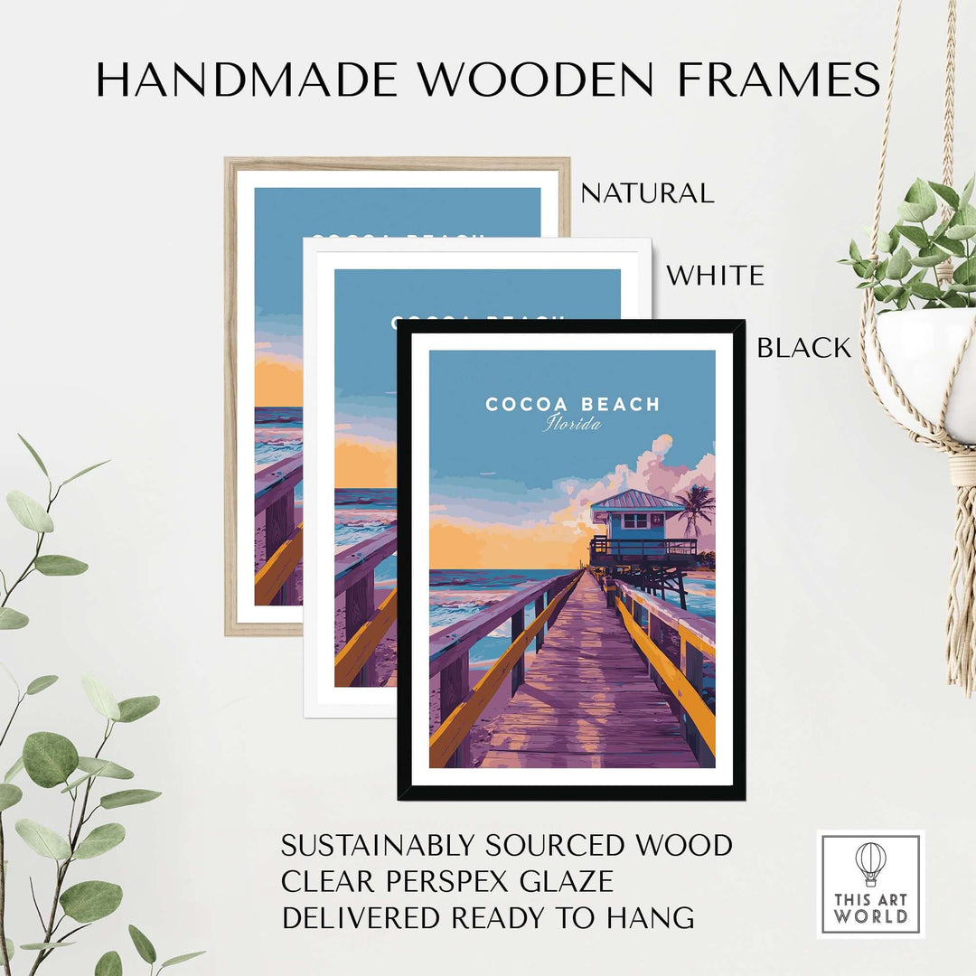 Handmade wooden frames in natural, white, and black with Cocoa Beach print, showcasing sustainable craftsmanship and elegance.