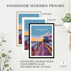 Cocoa Beach Boardwalk Print - Florida Sunset Wall Art in handmade wooden frames with natural, white, and black finishes