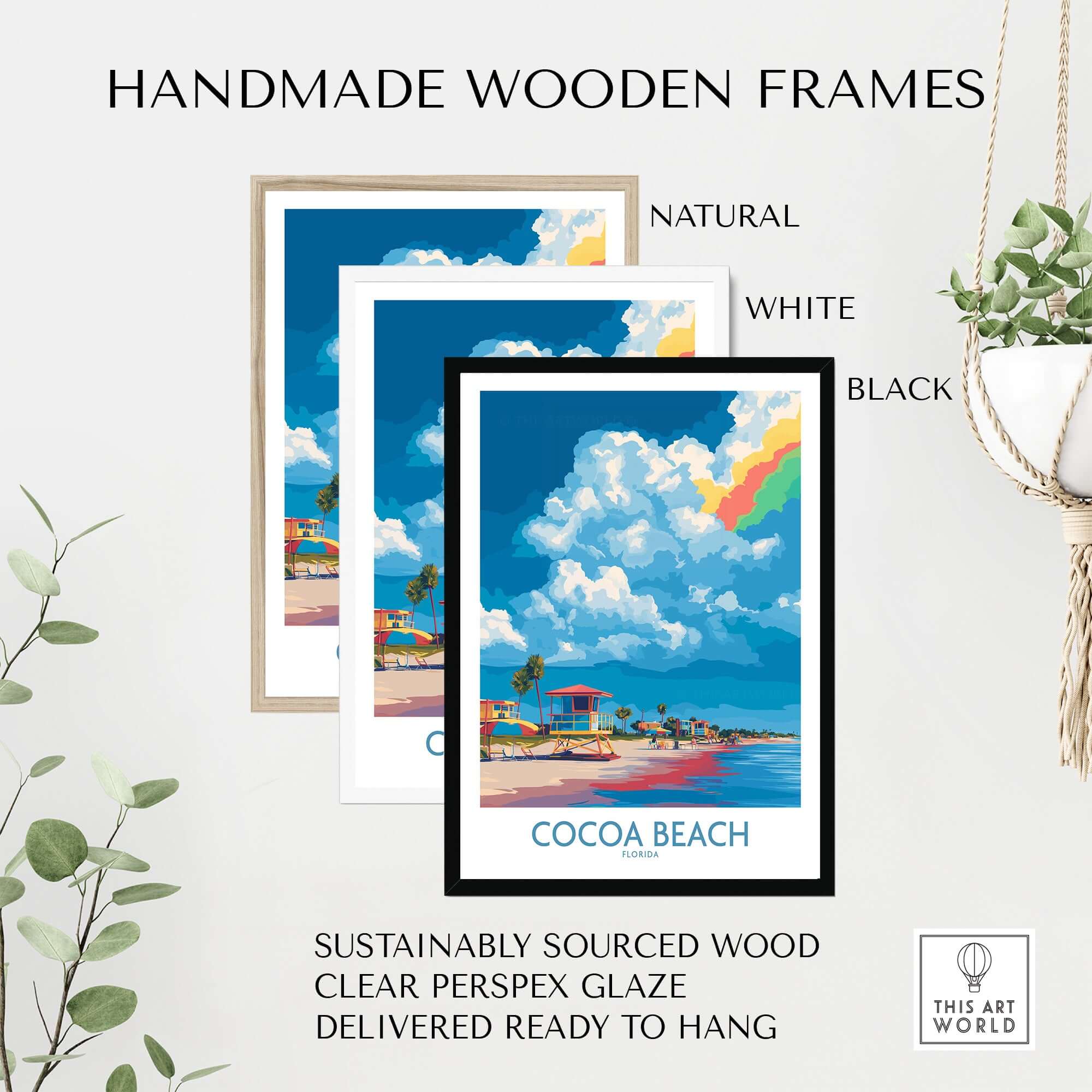 Cocoa Beach Rainbow Cloud Poster - Florida Travel Decor with handmade wooden frames in natural, white, and black options.
