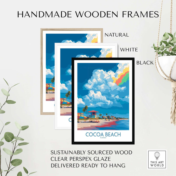 Cocoa Beach Rainbow Cloud Poster in handmade wooden frames: natural, white, and black for stylish decor.