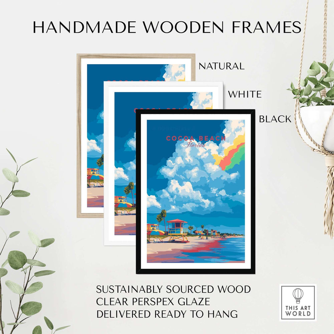 Handmade wooden frames in natural, white, and black for Cocoa Beach Lifeguard Stand print, made from sustainably sourced wood.