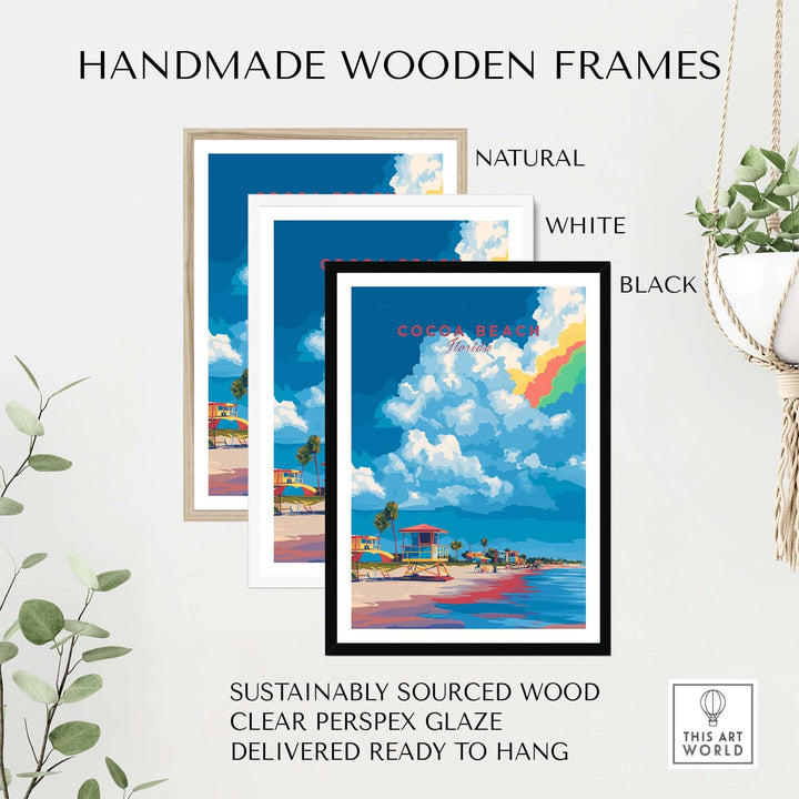 Handmade wooden frames in natural, white, and black for Cocoa Beach Lifeguard Stand print, made from sustainably sourced wood.