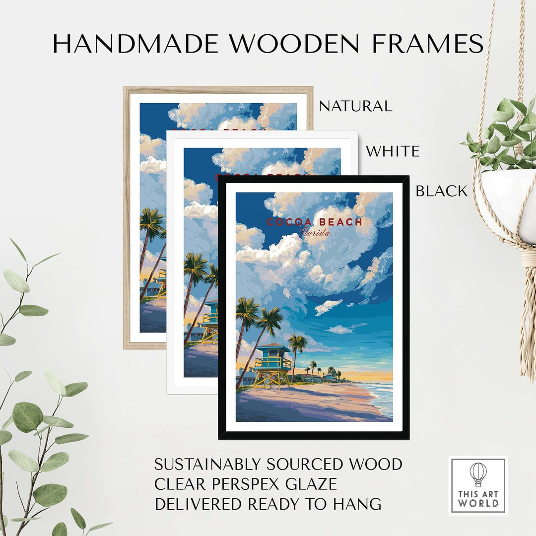 Cocoa Beach Lifeguard poster in three handmade wooden frames: natural, white, and black, with clear glaze.