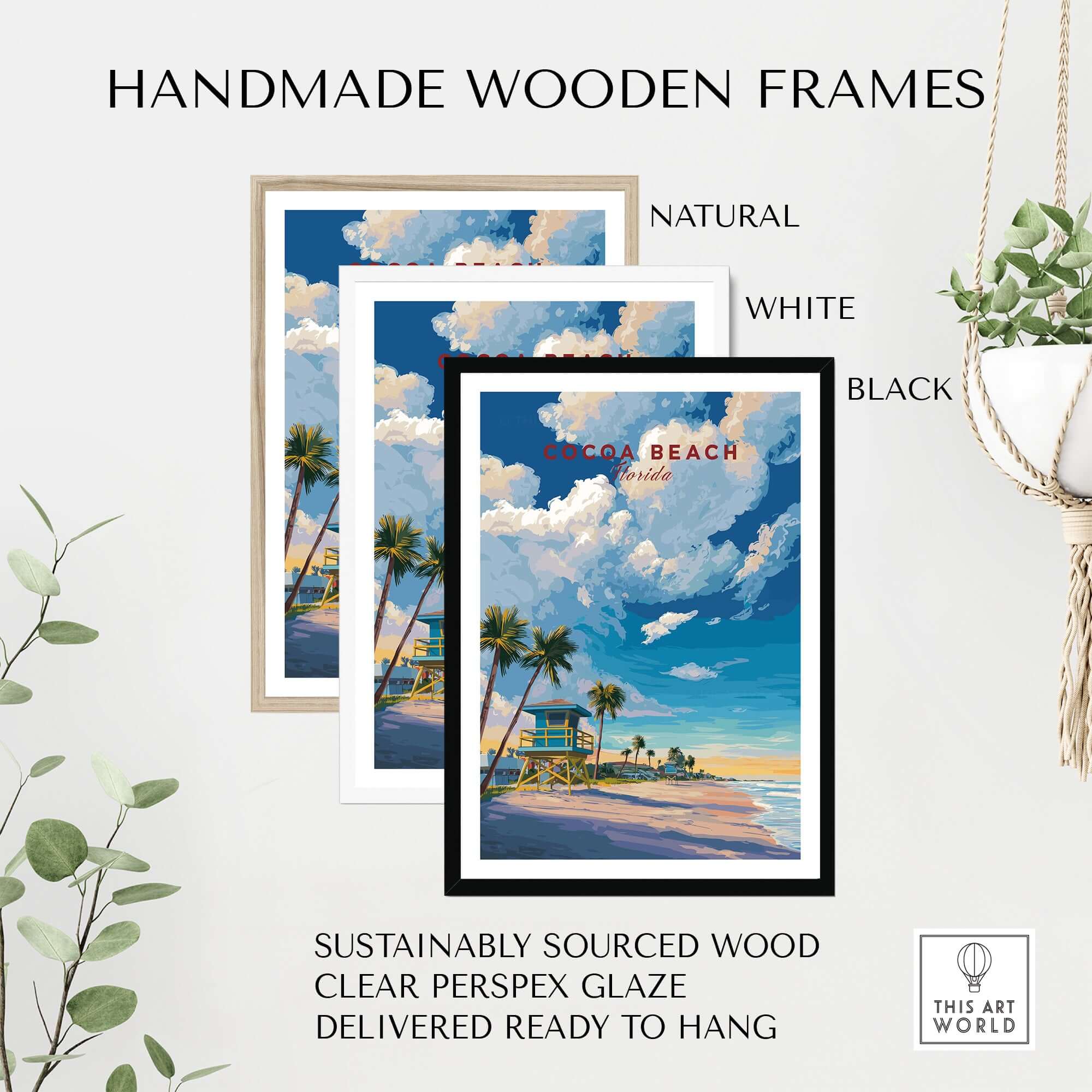 Cocoa Beach Lifeguard Tower Poster - Palm Tree Beach Wall Art framed in handmade wooden frames in natural, white, and black.