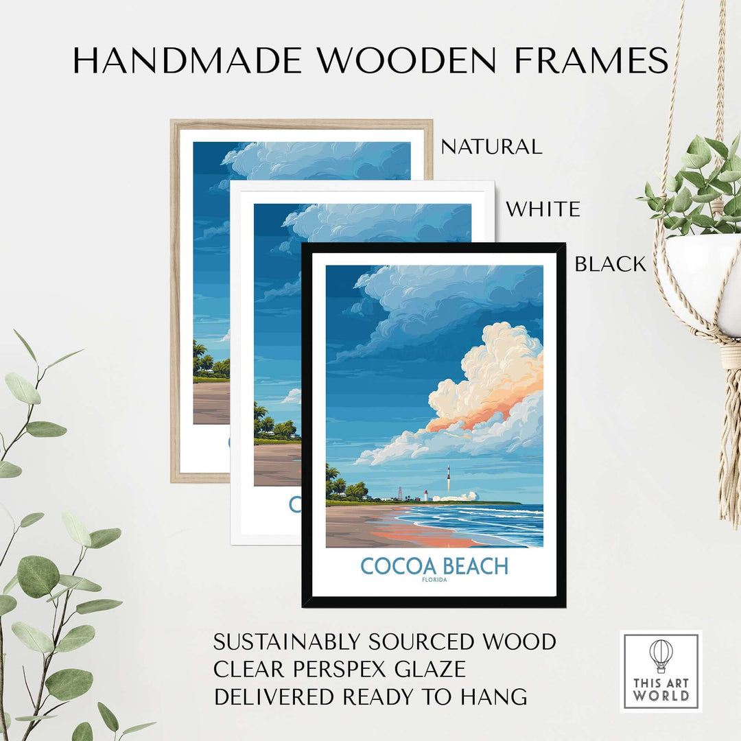 Cocoa Beach Kennedy Space Center poster in handmade wooden frames, showcasing Florida wall art decor.