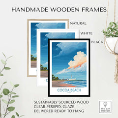 Cocoa Beach Kennedy Space Center Poster - Florida Wall Art Decor in handmade wooden frames available in natural, white, and black.