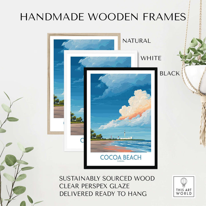 Cocoa Beach Kennedy Space Center poster in handmade wooden frames, showcasing Florida wall art decor.