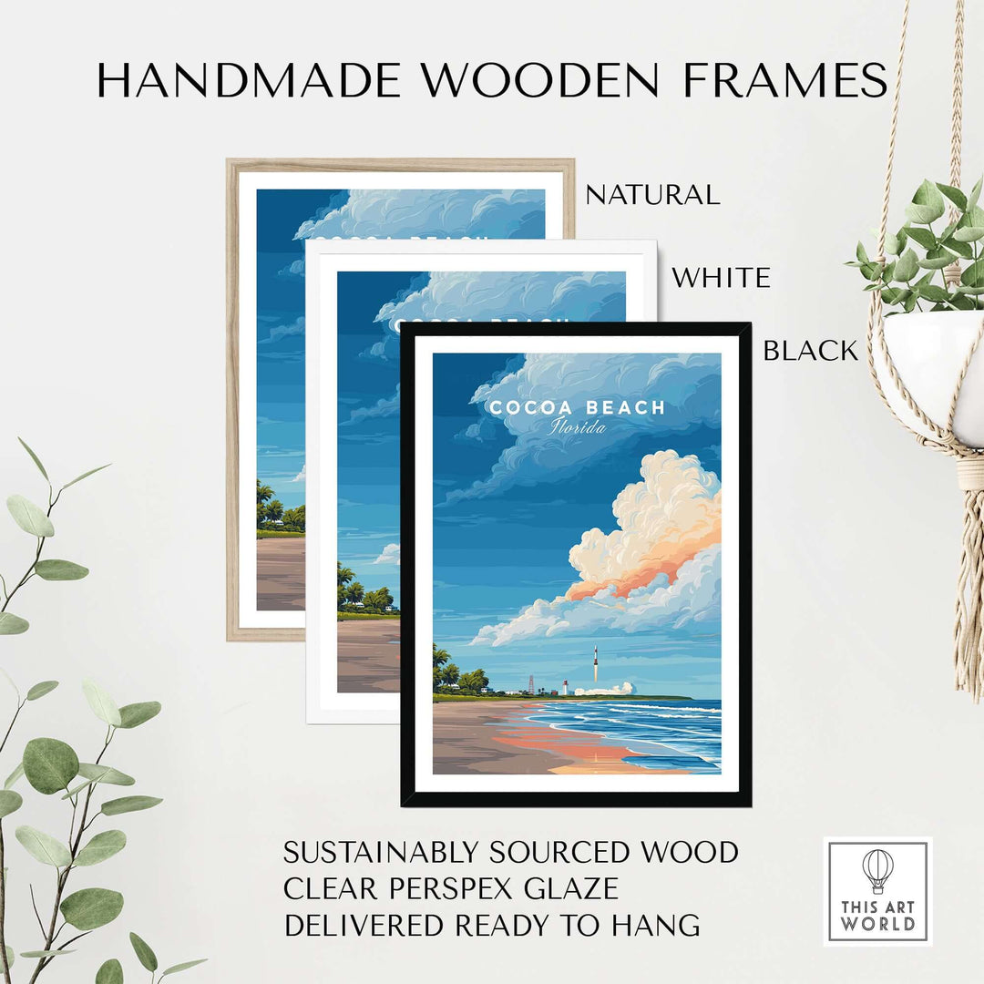 Handmade wooden frames in natural, white, and black for Cocoa Beach Florida rocket launch print, sustainably sourced wood.