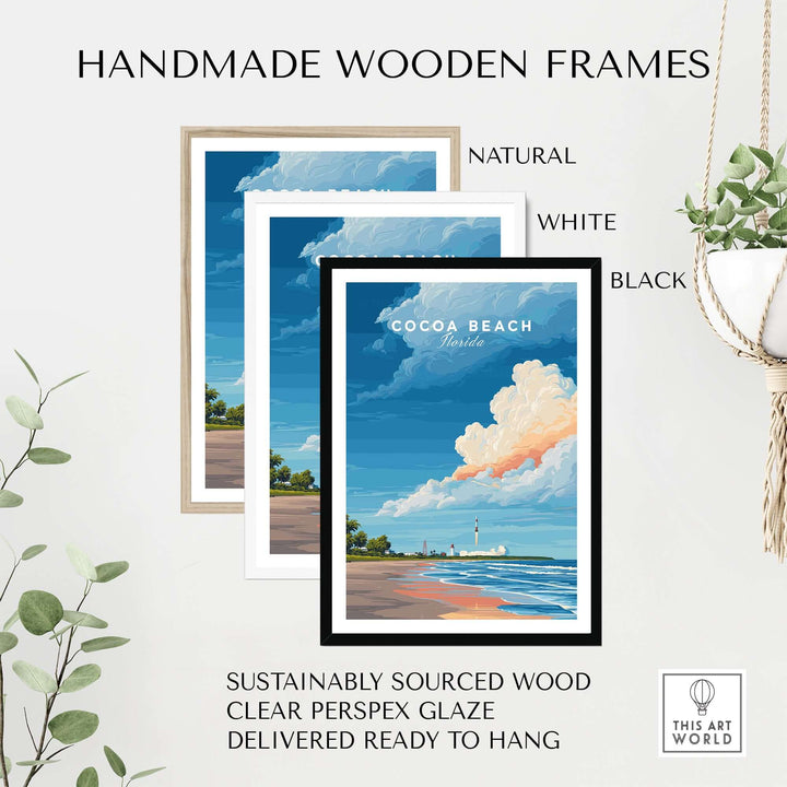 Handmade wooden frames in natural, white, and black for Cocoa Beach Florida rocket launch print, sustainably sourced wood.